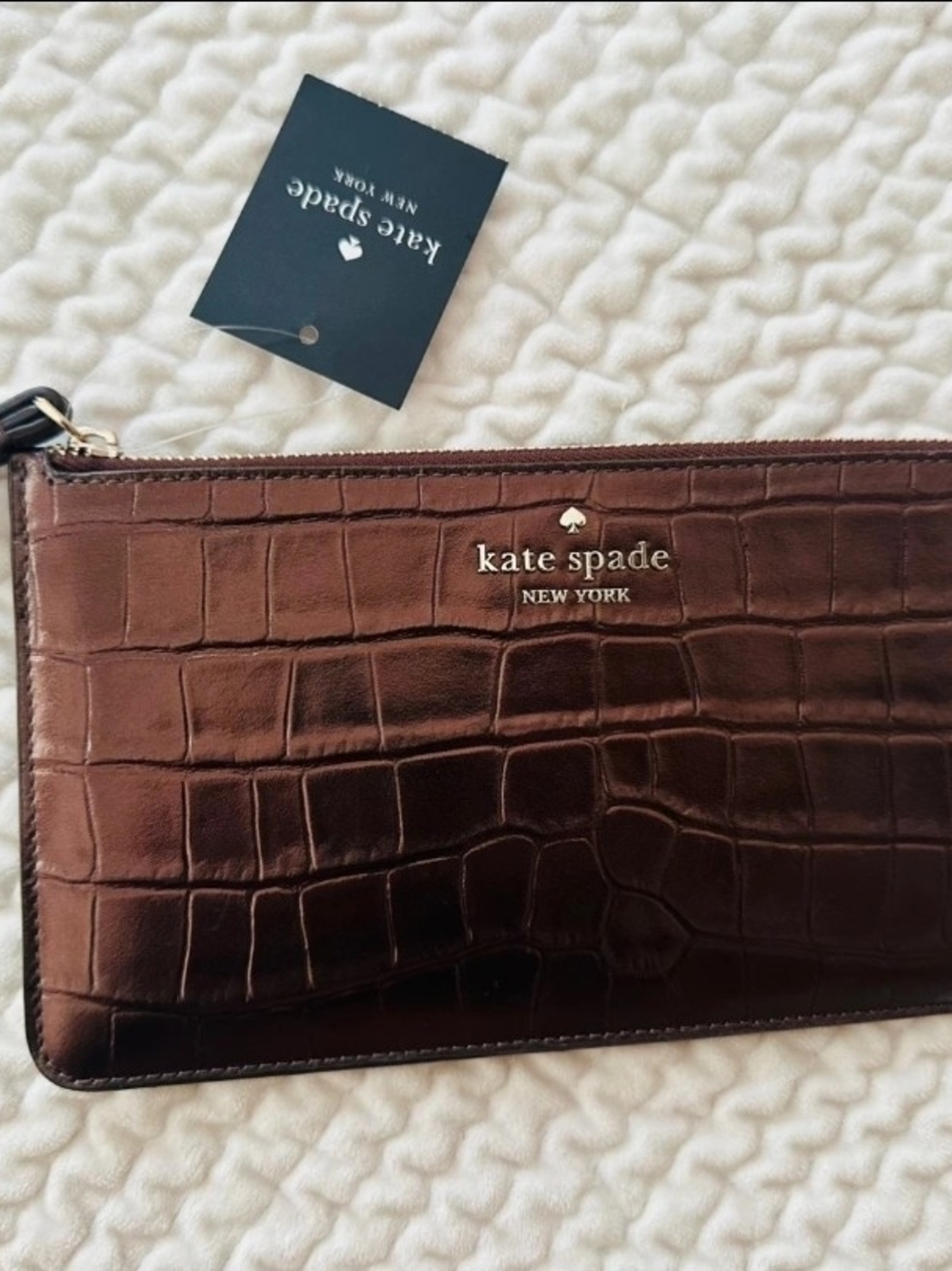 LOW START ..Kate Spade Brown Croc-Embossed Leather Wristlet